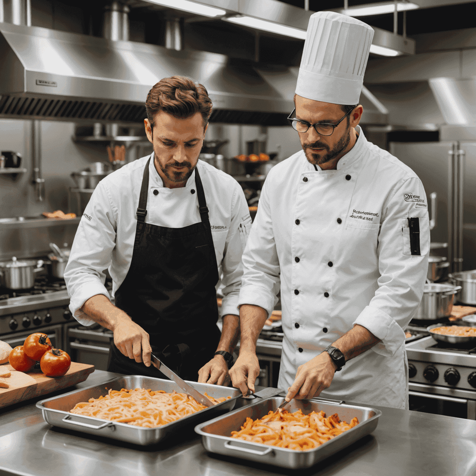 Profesjonalny szef kuchni konsultujący się z ekspertem od sprzętu gastronomicznego w nowoczesnej kuchni przemysłowej. Widoczne są różne urządzenia kuchenne, takie jak piece konwekcyjne, roboty kuchenne i profesjonalne blaty ze stali nierdzewnej.